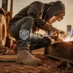 جوشکار در حال کار با کفش ایمنی ارک مدل تاپ جیر خاکی در محیط کارگاهی